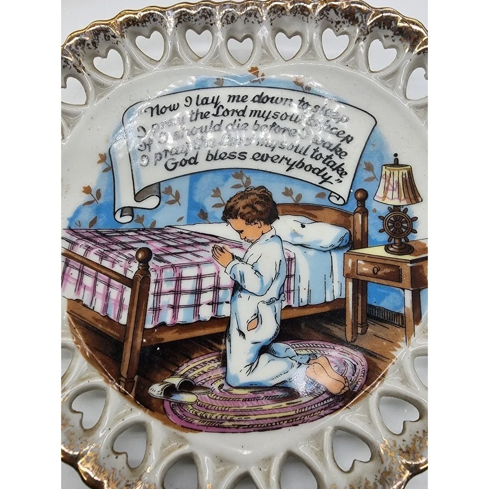 Vintage Nov Co Japan Now I Lay Me Down to Sleep Praying Boy Heart Cutout Plate